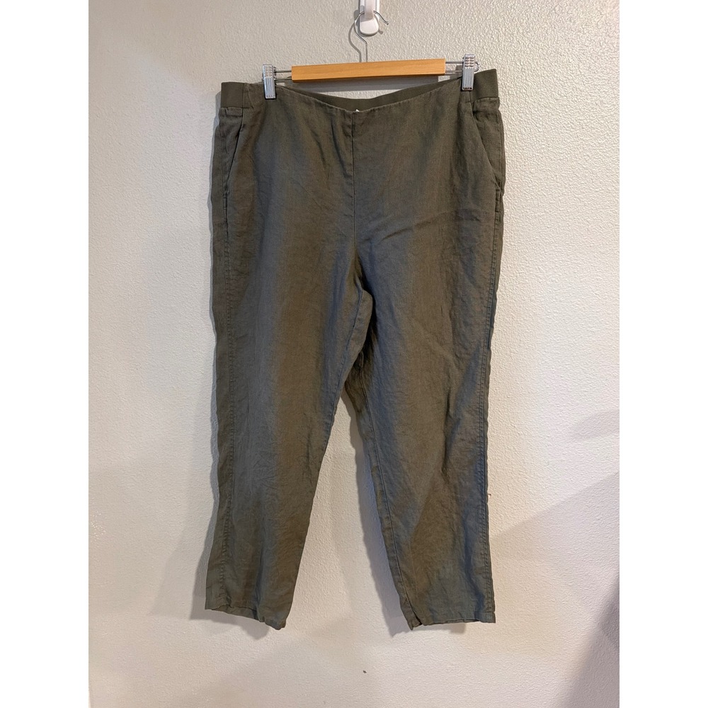 J. Jill Love Linen Pants Womens Large‎ Olive Green Elastic Waist Straight Leg